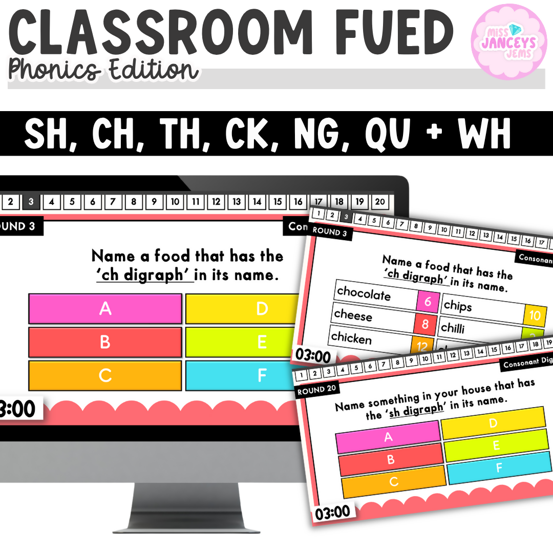 Year 2 and 3 Phonics Spelling Game I Classroom Feud | Family Feud Phonics Game | Consonant Digraph Spelling Review