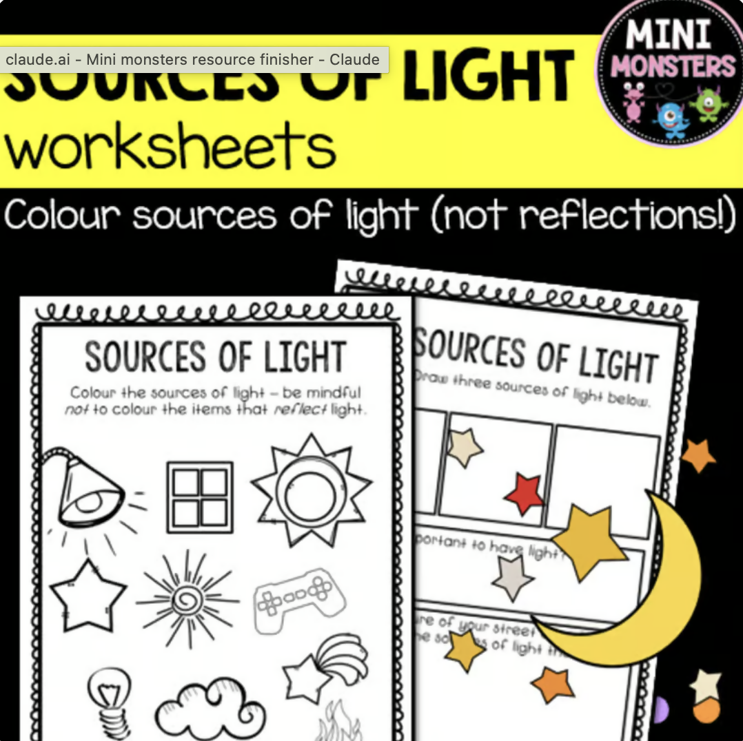 Sources of Light Worksheets | Year 1 Science Australian Curriculum v9