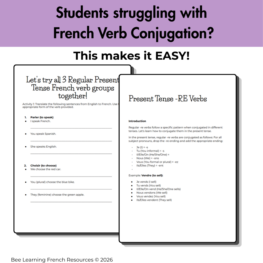 French Present Tense Verbs ER IR RE Worksheets – No Prep Grammar Pack | Year 7–8