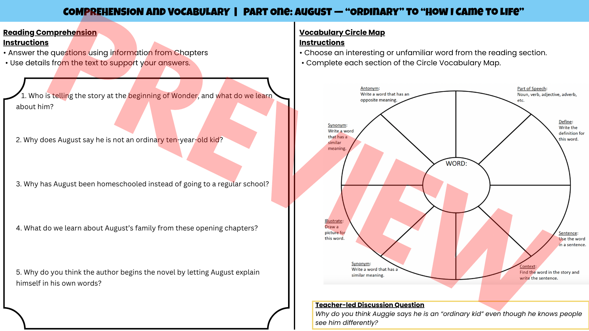 Wonder No-Prep Sub Plan | Novel Study Literacy Lesson | Years 4–6 PDF