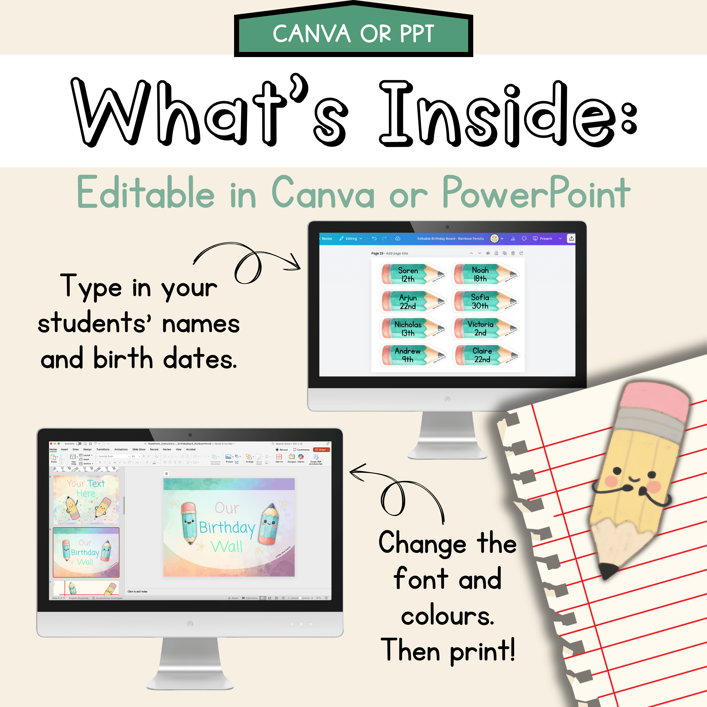 Rainbow Pencils Birthday Board | Editable Birthday Pack Decor Colourful