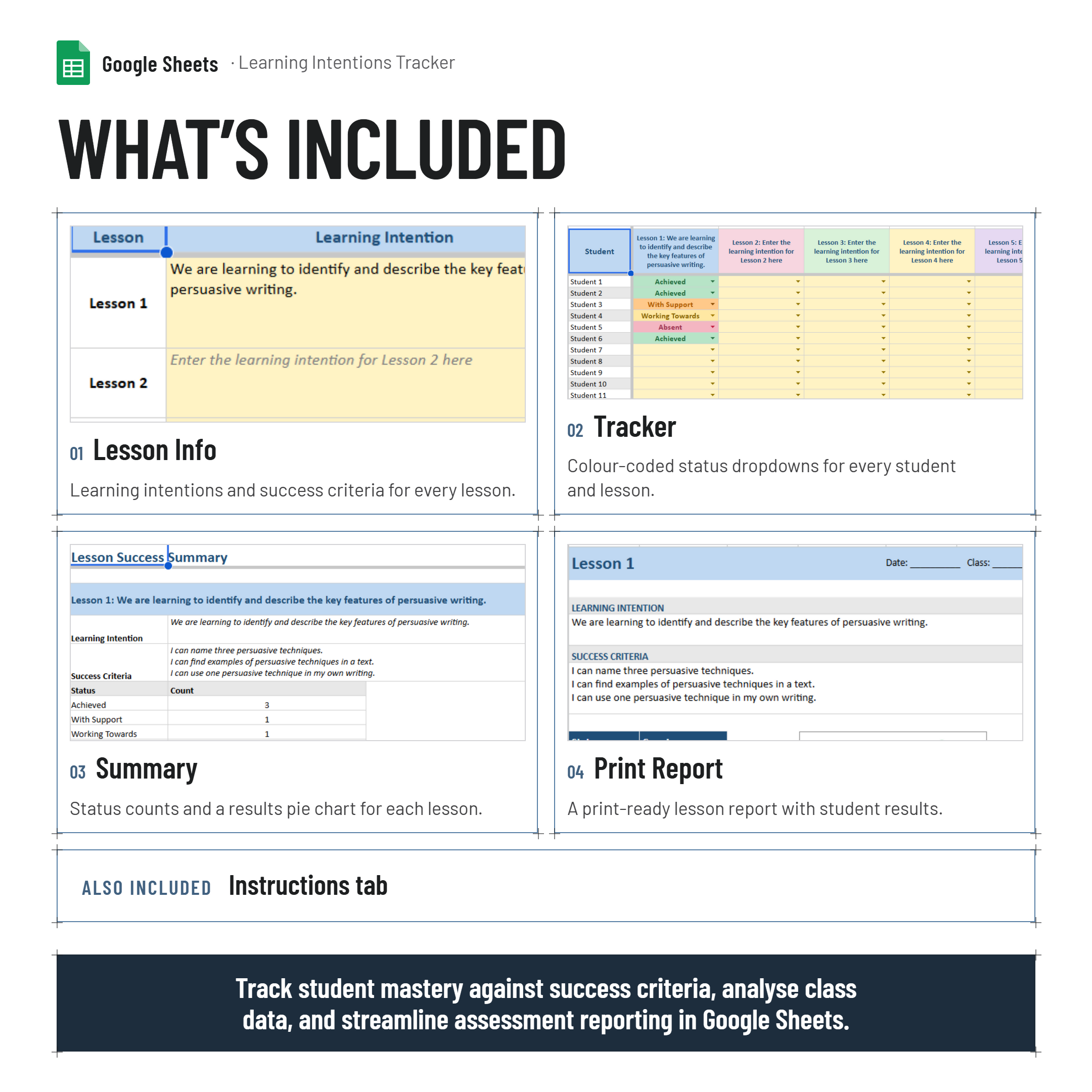 Learning Intentions, Success Criteria and Student Progress Tracker| Printable| Analytical Dashboard|Google Sheets
